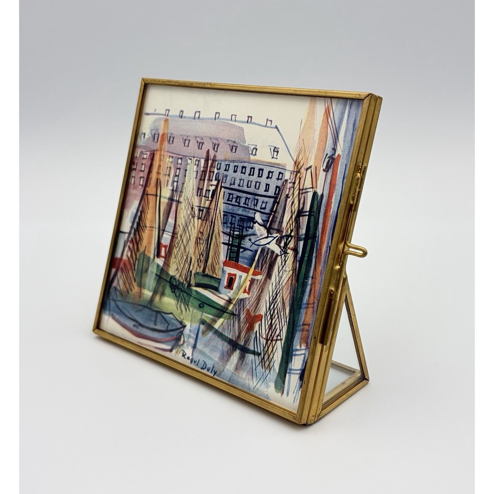Vintage Brass Glass Floating Picture Frame Tabletop Easel Raoul Dufy Art 4x4